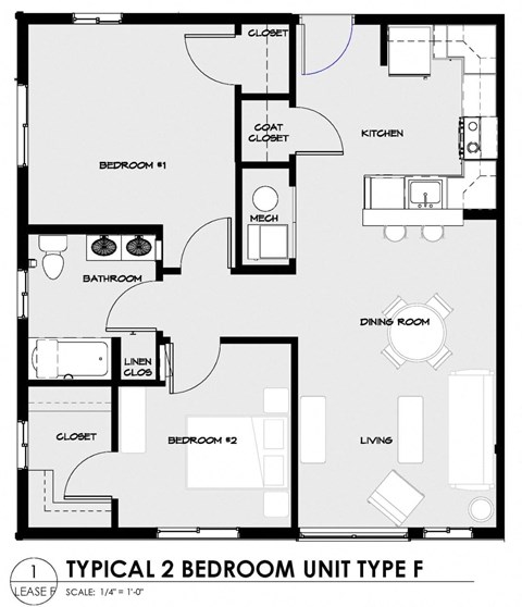 Floor plan for 2 beds, 1 bath, 962 sqft